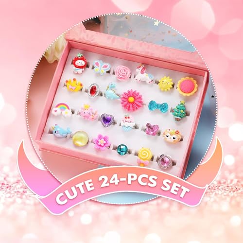 Image of STAR WORK Little Girl Jewel Rings in Box, Adjustable, No Duplication, 24 pcs Girl Pretend Play and Dress Up Rings For Up To 12 Years