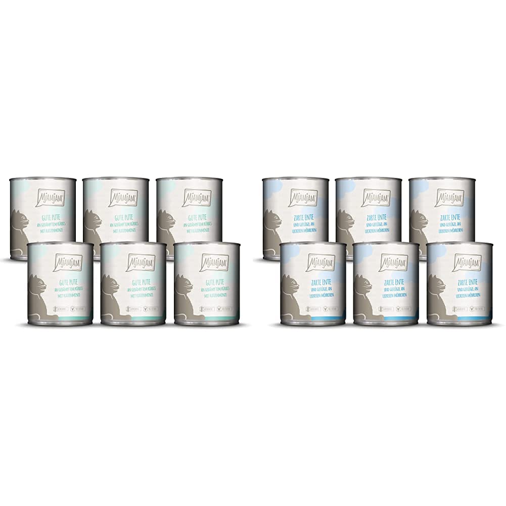 MjAMjAM - Premium Nassfutter für Katzen - Gute Pute an gedämpftem Kürbis, 6er Pack (6 x 800 g) & Premium Nassfutter für Katzen - zarte Ente & Geflügel an leckeren Möhrchen, 6er Pack (6 x 800 g)