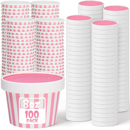 Image of Fulmoon 8 oz 100 Pack Paper Containers with Lids Soup Bowl Cup, Pink | Disposable Ice Cream Cup, Kraft Food Containers with Vented Lid Stackable for Hot Soup Dessert Cake Fruit Microwave Takeout