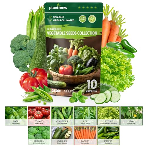 PLANTMEW 10 Vegetable Seeds Pack - Heirloom - Basil, Snap Pea, Broccoli, Bean, Jalapeño Pepper, Tomato, Lettuce, Cucumber, Carrot, Zucchini Seeds for Planting Home Garden