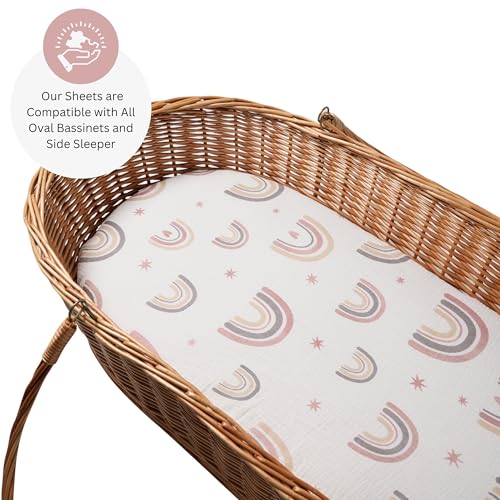 Image of Muslin Bassinet Sheets for Dream On Me, Baby Delight Snuggle Nest, Graco, UPPAbaby, Snoo, Primo Bassinet by TansyPanda, 3PC, 16x32 Inch, Skin Friendly, Ultra Soft, Breathable, Unisex Boys Girls, Pink