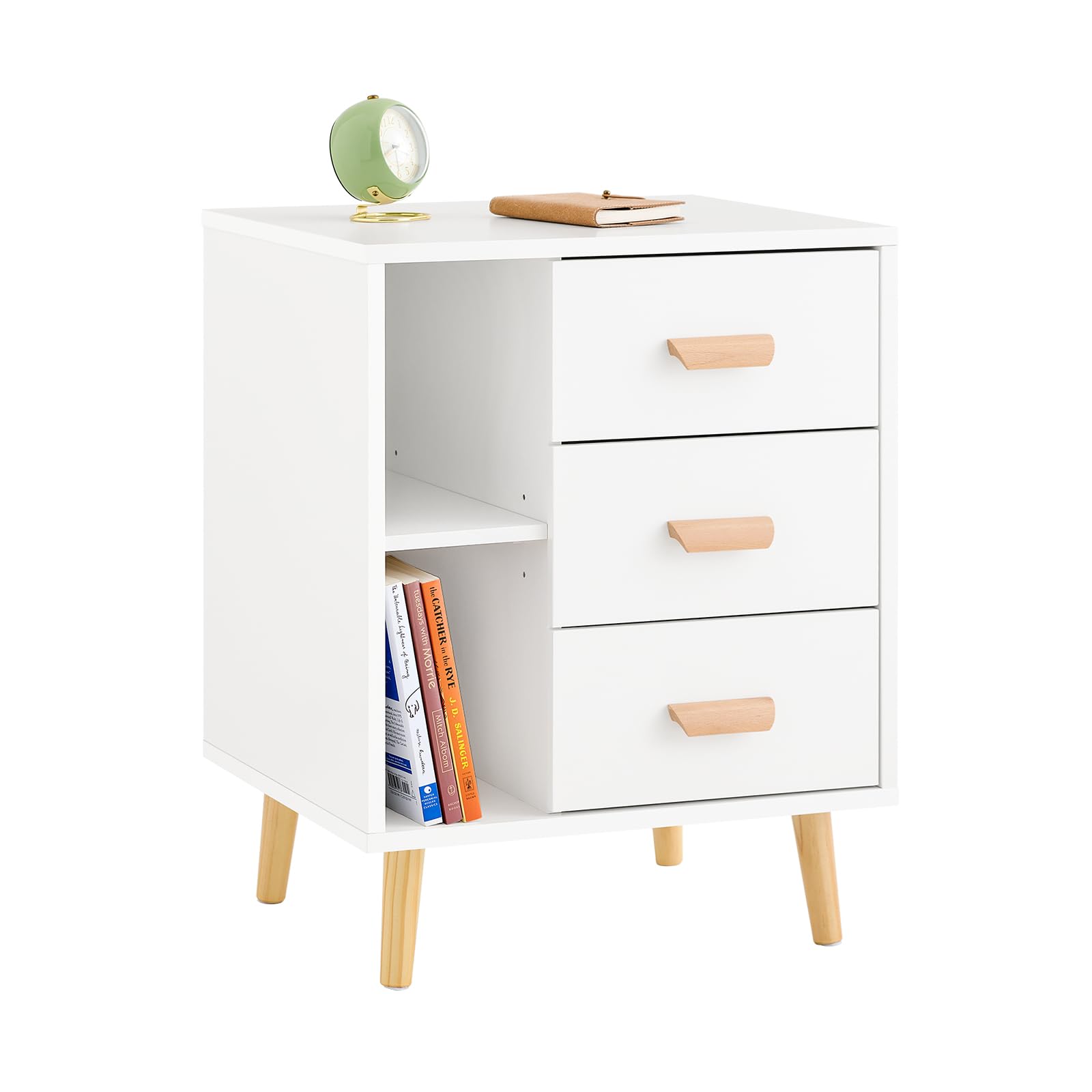 SoBuy Nachttisch, mit 3 Schubladen und 2 Ablagen, Weiß, B48 x T40 x H60 cm