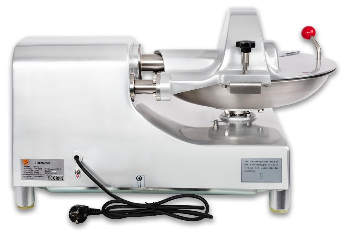 Beeketal Metzger Fleischkutter 'BFK9' Profi Tischkutter mit ca. 6,4 Liter Volumen für 2,5 kg fertiges Brät, Spezialklingen aus gehärtetem Edelstahl, 400W Motor für 1460 U/min (20 U/min Schüssel)