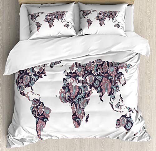 80% Off Discount Ambesonne Floral World Map Duvet Cover Set, Paisley Leaves Ornamental Eastern Style Old Fashioned Design, Decorative 3 Piece Bedding Set with 2 Pillow Shams, Queen Size, Turquoise Coral