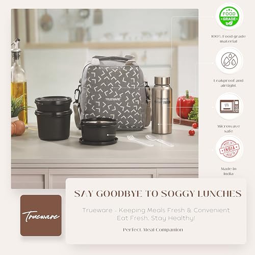 Image of Trueware Omaga Lunch Box with Insulated Khadi Jacket, 3 Microwave Safe & Leak Proof Inner Stainless Steel Containers(1 x 200ml, 1 X 400ml & 1 X 500ml) & 1 Steel Bottle 500ml Tiffin for Office,College