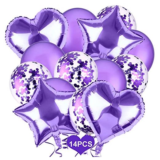 Juego de globos de cumpleaños, 14 unidades, decoraciones de fiesta de cumpleaños, globos de látex morado/globos de confeti púrpura/globos de papel de estrella, globos de fiesta para cumpleaños