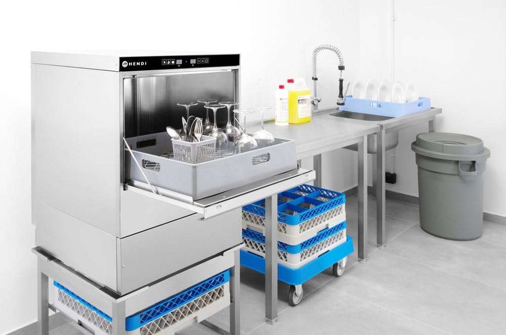 HENDI Lavavajillas industrial, para cestas 40x40cm, con control electrónico, máquina lavaplatos lavavasos lavacopas, 230V, 2800W, 470x510x(H)710mm, acero inoxidable