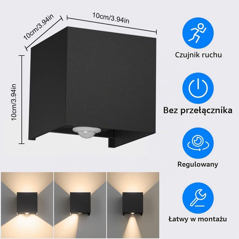 Klighten Lampy ścienne z detektorem ruchu, automatyczne włączanie/wyłączanie, 12 W, czarna lampa ścienna, ciepła biel, zewnętrzne lampy ścienne do ogrodu, ścieżki