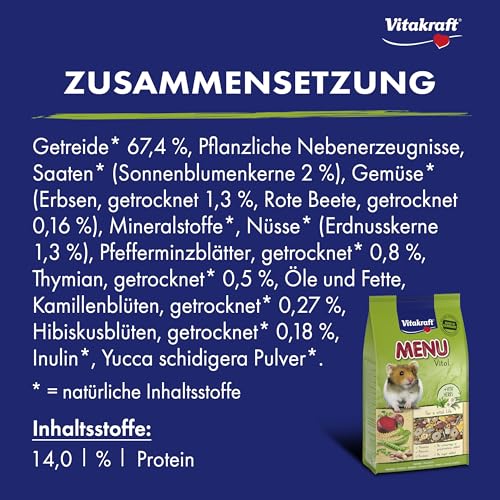 Vitakraft Menu Vital, Hamsterfutter, mit Gemüse, mit Nüssen, mit lebenswichtigen Vitaminen und Mineralien, ohne Zusatz von Zucker (1x 1kg)