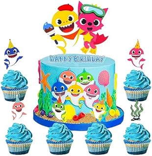 Party Supplies 7 Pieces Shark Cupcake Toppers Ocean Animals Theme Party Supplies Blue Cake Decorations for Kids Boy Girl Birthday Party Supply Decorations