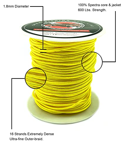 Spearfishing World Speargun Reel Or Shooting Line 1.8 Mm Yellow - 100% Spectra Core & Jacket- 550 Lbs Strength - 150 Ft Spool #TOP1