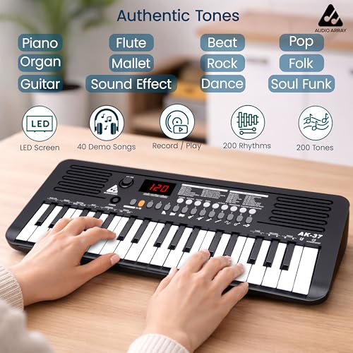 Image of Audio Array AK-37 Black MIDI Keyboard 37 Velocity Sensitive Keys, Built-in Speakers, 200 Presets, Sustain & Touch, Tempo, Octave /Transpose /Tune, Master Volume Knob, LED Display BT AA & Type-C Power