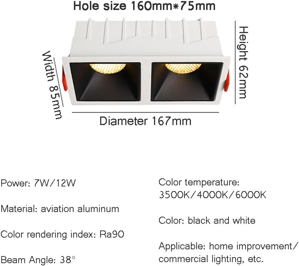 Rectangle Recessed Double Head LED Downlight Honeycomb Mesh COB Ceiling Lamps Spot Lights Indoor Lighting Baffle Trim Square Grille Lights Recessed LED Downlight