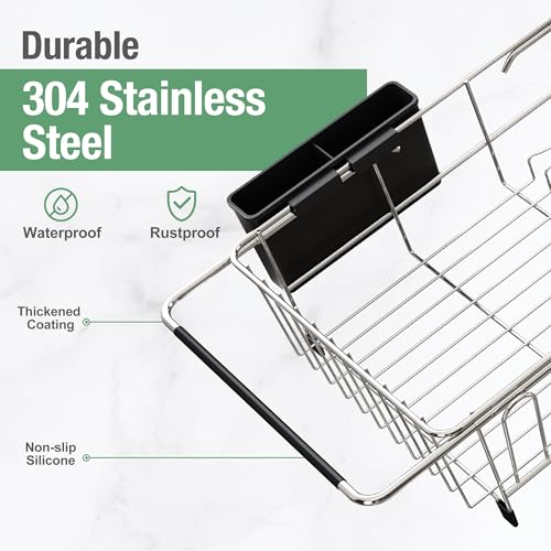MAJALiS Dish Drying Rack in Sink - Small Dish Drainers for Kitchen Sink, Over The Sink Dish Racks with Utensil Holder, Stainless Steel Dish Rack in Sink, Silver