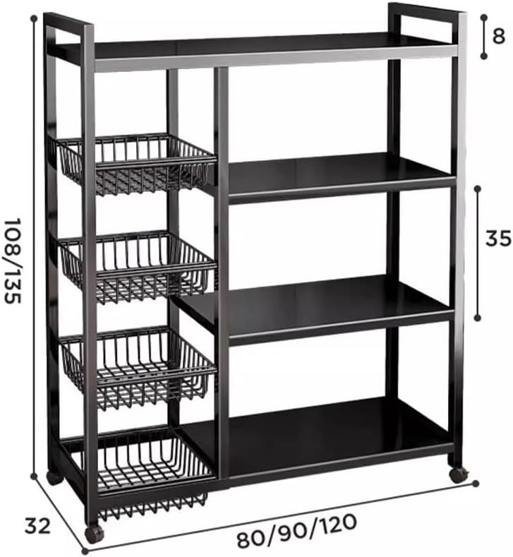 4Tier Heavy Duty Metal Shelving Unit with Wheels Adjustable Utility Cart Mobile Organizer for Kitchen & Garage StorageBlack 120x32x135 cm Durable & Versatile Solution