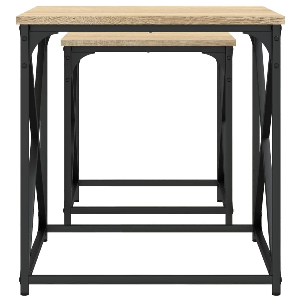 Juego de 2 mesas de café de roble Sonoma, 50 x 50 x 52,5 y 40 x 40 x 44,5 cm, estructura de metal, ahorro de espacio