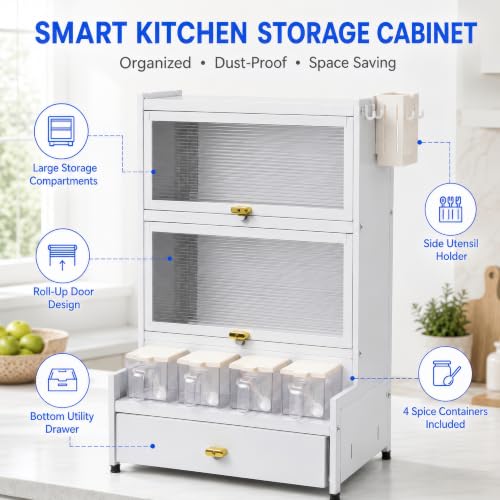Image of Kitchen Storage Cabinet | Kitchen Cabinet with 2 Layer Kitchen Organiser, Drawer, 4 Storage Boxes & Side Holders | Dustproof Space Saving Carbon Steel Shelf | White 41 CM, Pack of 1