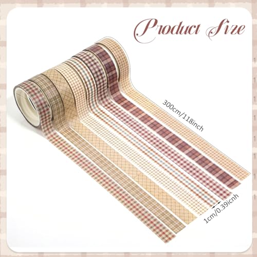 Image of HASTHIP 8 Pcs Plaid Washi Tape Set, Vintage Gingham Decorative Masking Tape for Journaling, Scrapbooks, Planners, Gift Wrapping & DIY Craft Projects, 1cm x 3 Meters Per Roll