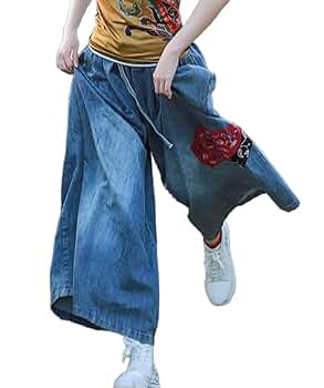 Womens Casual Loose Cropped Jeans Wide Leg Denim Pants