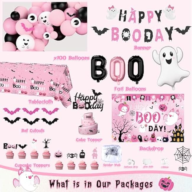Pink Happy Boo Day Party Decorations, Halloween Birthday Party Decorations Girls, Happy Spooky Booday Balloon Garland Backdrop Ghost Spider Web Banner Topper Bat for Halloween Boo Party Supplies Girl