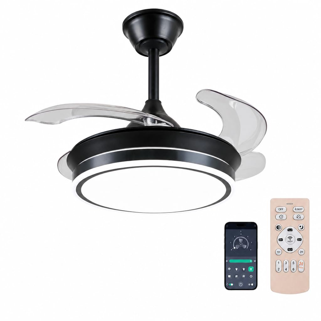 Black Ceiling Fan with LED Light and Silent DC Motor – Ø92 cm, 4 Retractable Blades, 6 Speeds, Adjustable Warm and Cold Light, Remote Control + App, Winter/Summer Function