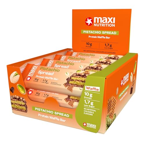 MaxiNutrition Barrita proteica de gofre con crema de pistacho, 26% de proteína, 199 kcal (12 barritas de proteína x 39 g), sin azúcares añadidos