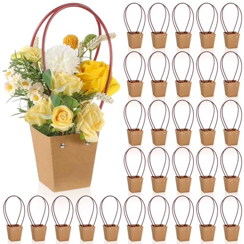 Gilprop 30 Packs Bouquet Bag Kraft Paper Flower Gift Bags with Handle Bouquet Bag Box with Waterproof Lining for Birthday Wedding Party Favors (11.8 x 3.5 x 2.5 Inch,Brown)