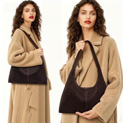 Larcenciel Brown Suede Leather Hobo Shoulder Bag, Trendy Large Capacity Slouchy Tote Handbags with Zipper Closure & Strap - Image 3