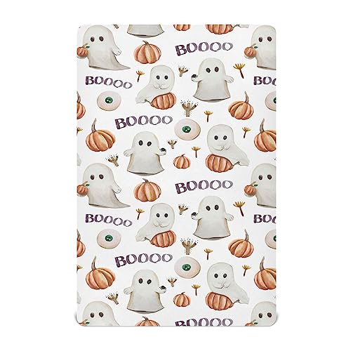 Image of Ghosts Pumpkins Halloween Crib Sheets Soft Breathable Fitted Baby Crib Sheets Mattress Cover for Girl Boys, 52 inch x 28 inch x 9 inch