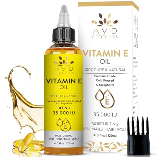 Image of AVD ORGANICS Vitamin E Oil for Skin - 100% Pure & Natural, 35,000 IU | Premium Grade, Cold-Pressed and Tocopherol Vit E Oil to Repair Dry, Damaged Skin| Moisturizing, Hair and Scalp 4.05 Fl Oz