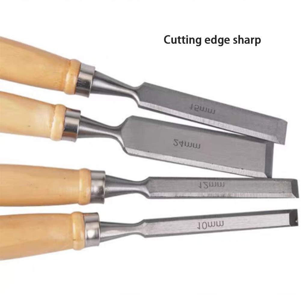 Juego de cinceles para Madera, 10 mm, 12 mm, 15 mm, 24 mm, Herramientas manuales para Tallado de carpintería, Mangos de Madera cómodos (4 Unidades)