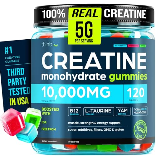 Thinbi Creatine Gummies Monohydrate Complex for Men & Women -120 Gummies Advanced Formula W/L-Taurine + Vitamin B12 for Muscle Strength, Muscle Builder, Energy Boost, Pre-Workout Supplement