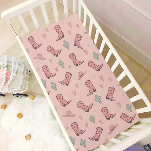 Image of VIGTRO Cowgirl Boots and Cacti Pattern Baby Crib Sheets for Boys Girls, Breathable Soft Fitted Crib Playard Sheets Baby Mattress Sheet, S 39x27x5in