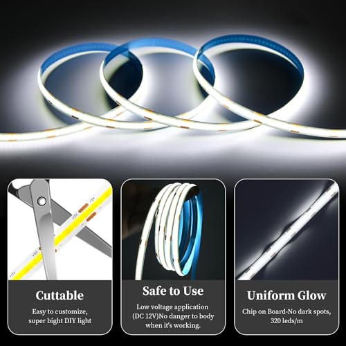 Image of iNextStation 16.4ft /5M 6000K White COB Light Strip, DC12V CRI 93+ LED Strip Light, 8mm Width LED Tape Lights, Flexible LED Light TV Backlight, Outdoor, Bedroom, Mirror, Home Lighting Decor(No Plug)