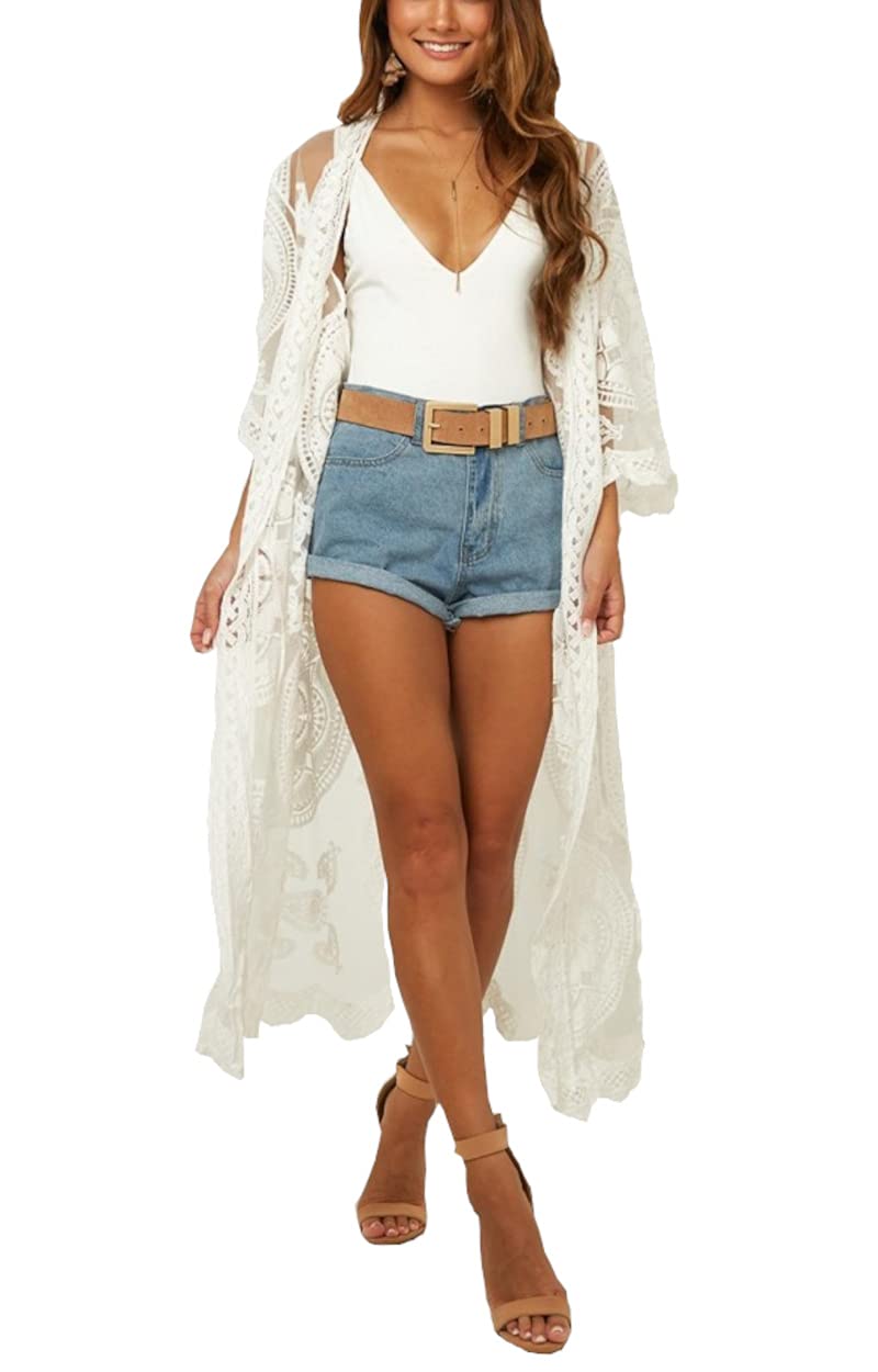 LeofL Mujer Playa Cardigan Bata Camisón Yukata Kimono Traje de baño Cubrir Ups, D Blanco, Talla única
