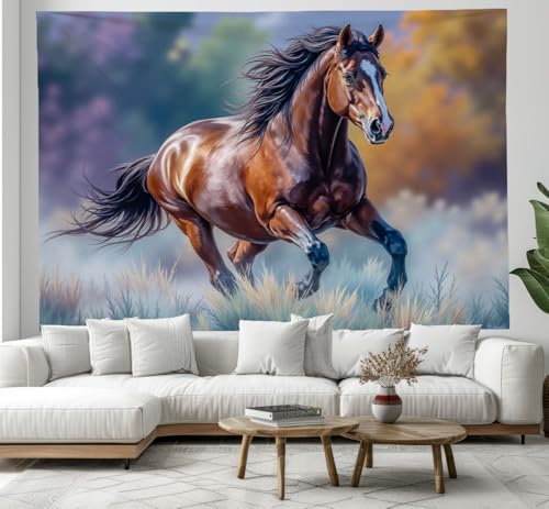 DLERFLOVR Watercolor Painting Of Galloping Horses Wall Tapestry Abstract Grassland Wall Hanging Tapestries Blue-Gray Posters Art Print for Bedroom Living Room Party TV Backdrop Decor, 40L x 30W