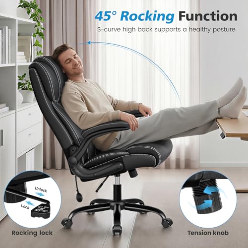 Image of Ergonomic Office Chair, High Back Executive Leather Desk Chair | Inflatable Lumbar Support for Back Pain Relief, Heavy-Duty Comfy Computer Chair for Long Workdays, Flip-Up Armrests, Black