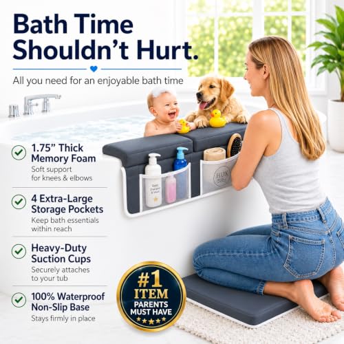 Image of Comfortable Baby Bath Kneeler and Elbow Rest Pad Set, Non-Slip Bathtub Kneeling Pad for Bathing Baby, Bath Tub Cushion Mat, Elbow Pads, Toy Organizer Storage Pockets, Strong Suction Cups (Dark Gray)
