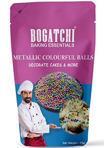 Image of BOGATCHI Mettalic Colourful Balls for Cake Decoration | Topping for Cake & Other Baking Items| Colored Sugar Confectionary | Cake Decorating Sprinkler |Gluten Free & Vegan |75g