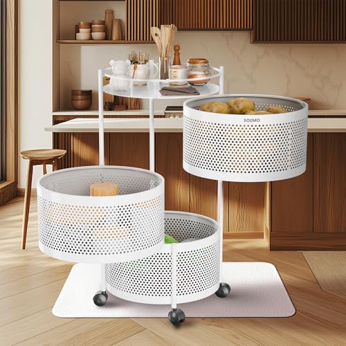 Image of Amazon Brand - Solimo 360 Revolving Preassembled Portable 3 Layer Round Multipurpose Storage Kitchen Rack Carbon Steel Fruit Vegetable & Spice Trolley with Wheels for Kitchen Organizer(Matte, White)