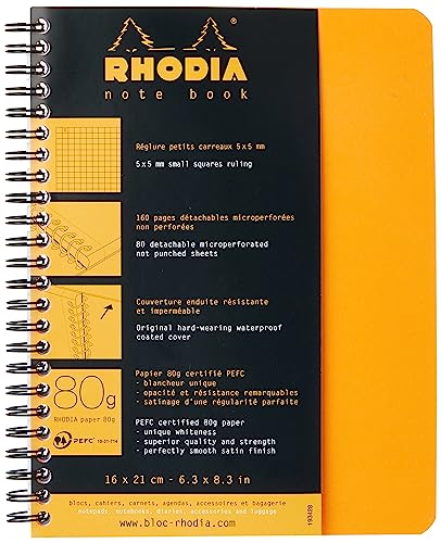 RHODIA 193428C, Spiral Notebook (Full Binding) Notebook Orange, A5+, Small Squares, 160 Detachable Pages
