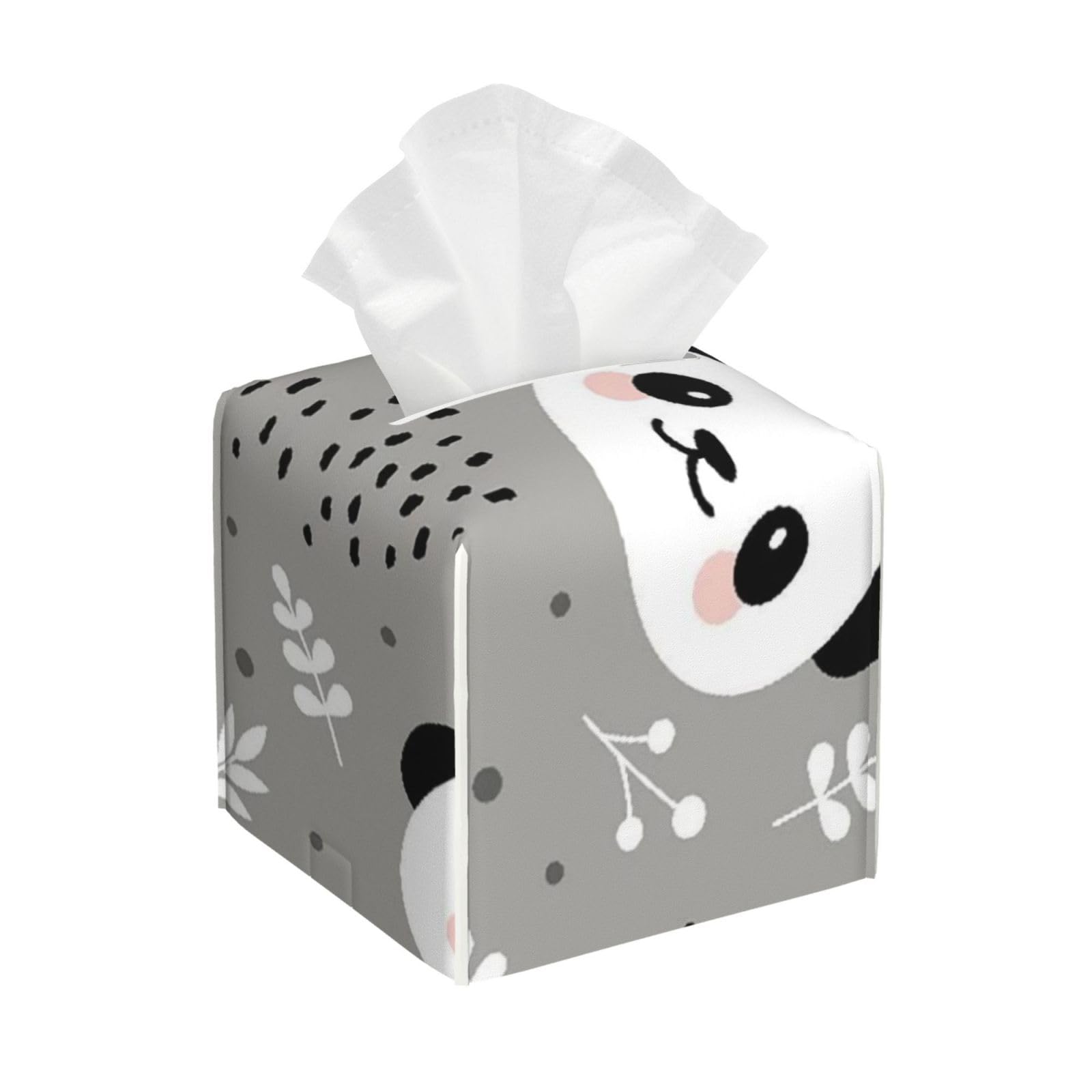 Cute Panda Seamless Pattern Hand Drawn Background with Flowers and Dots PVC Cube Tissue Pack for Home Office Bathroom Use