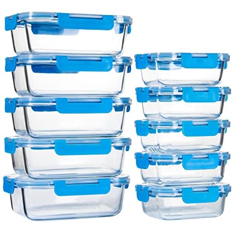 UMEIED 10 PACK Glass Food Storage Containers with Leak Proof Lids, Glass Airtight Meal Prep Containers Set for Lunch, On the Go, Leftover, Kitchen Pantry Organizers and Storage (Blue) Cover