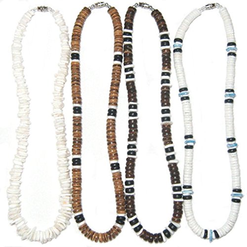 Native Treasure (4 Pack) Mens and Womens Summer Beach Surfer Necklaces From the Philippines, White Ark Shells with Brown and Black Coconut Beads, Mens Summer Necklaces