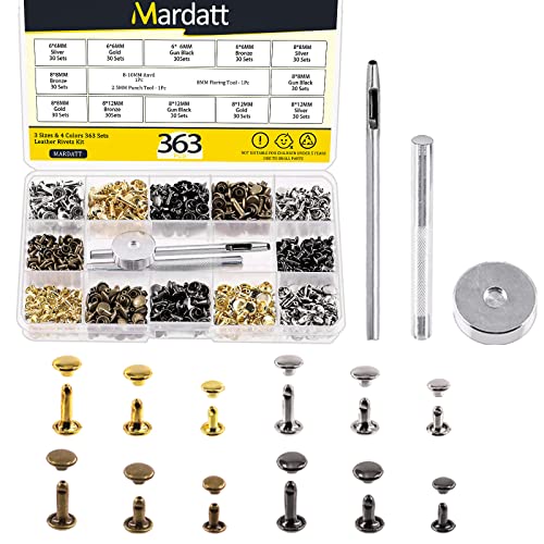 Mardatt Double Cap Rivets, 360 Sets Doppelkopfnieten mit Setzwerkzeug-Set, 4 Farben, 3 Größen, Ledernieten, Doppelkopfnieten, röhrenförmige Metallnieten für DIY-Lederhandwerk