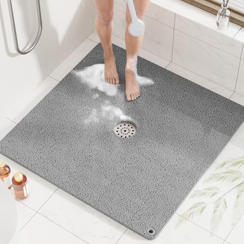 Image of HITSLAM Square Loofah Shower Mat, 32x32 Inch Non Slip Bath Mat, Grey