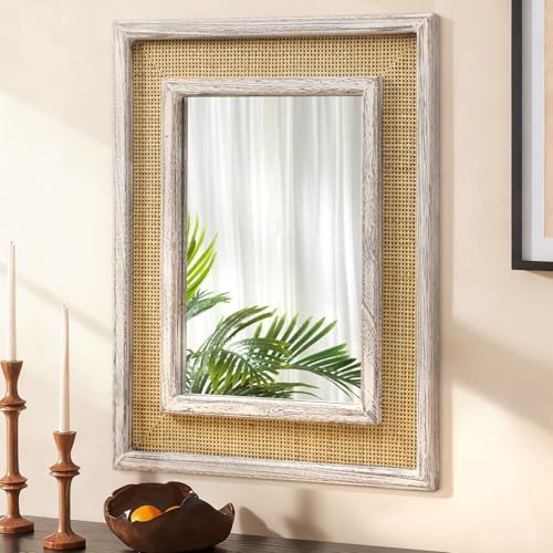 JJUUYOU Espejo de pared con marco de madera rectangular decorativo grande de 40x50 cm, espejos colgantes para baño, estilo casa de campo, entrada, dormitorio, sala de estar, blanco envejecido