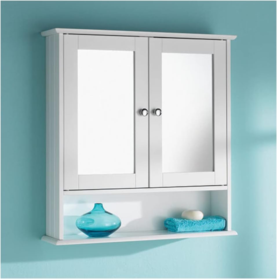Saxony Double Door Mirrorr With Shelf Wooden Bathroom Cabinet 56CM X13CM X 58CM