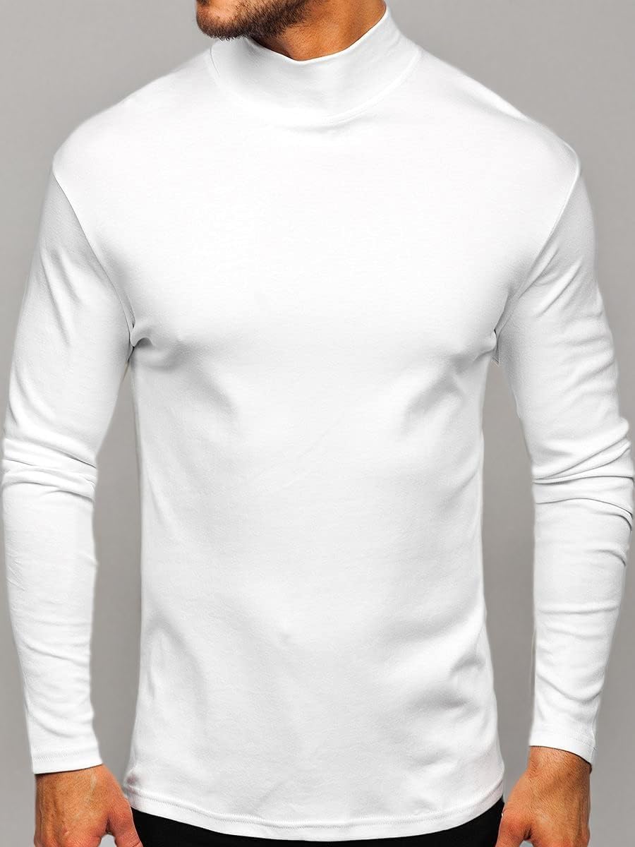 Mens Mock Turtleneck T-Shirt Long Sleeve Pullover Basic Designed Undershirt Stretch Lightweight Top White - Image 4