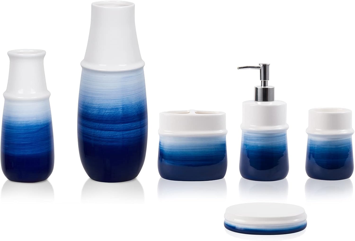 2 PC Ceramic Vase and 4 PC Bathroom Accessory Set, Rustic Farmhouse Bathroom Decor, Living Room Decor and Accessories, Blue